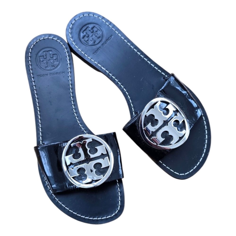 Tory Burch Black Sandals with Silver Logo
